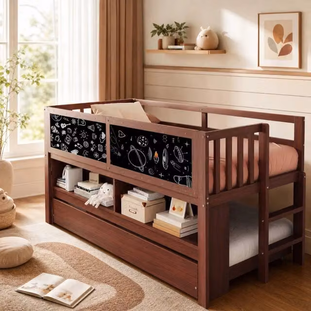 Letto per bambini 90x200 cm marrone con letto estraibile, lavagna e scaffali