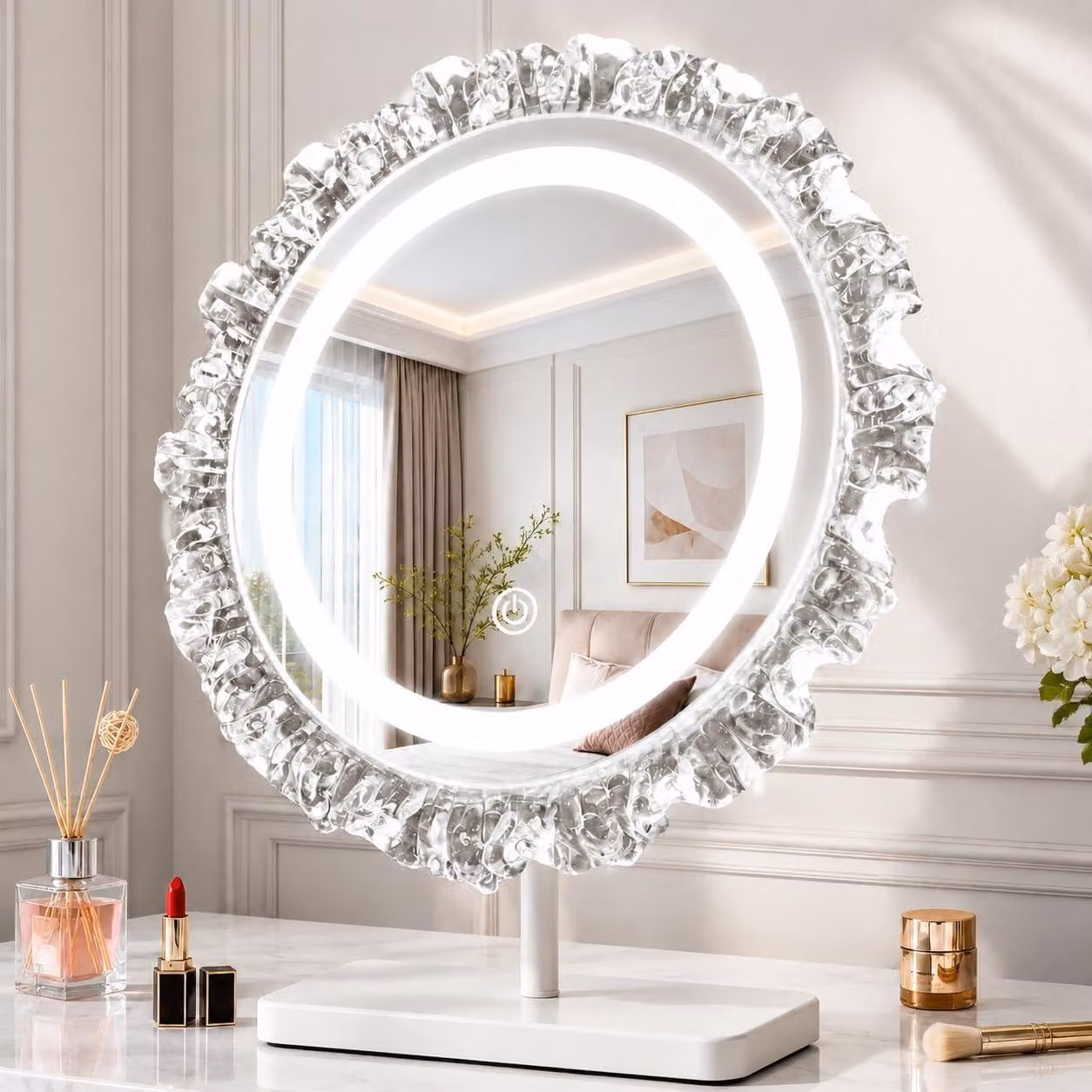 Specchio trucco rotondo illuminato, stile Hollywood, 30x38 cm. Specchio LED per tavolo da trucco, specchio per cosmetici, specchio per il trucco, piccolo specchio rotondo per tavolo da trucco