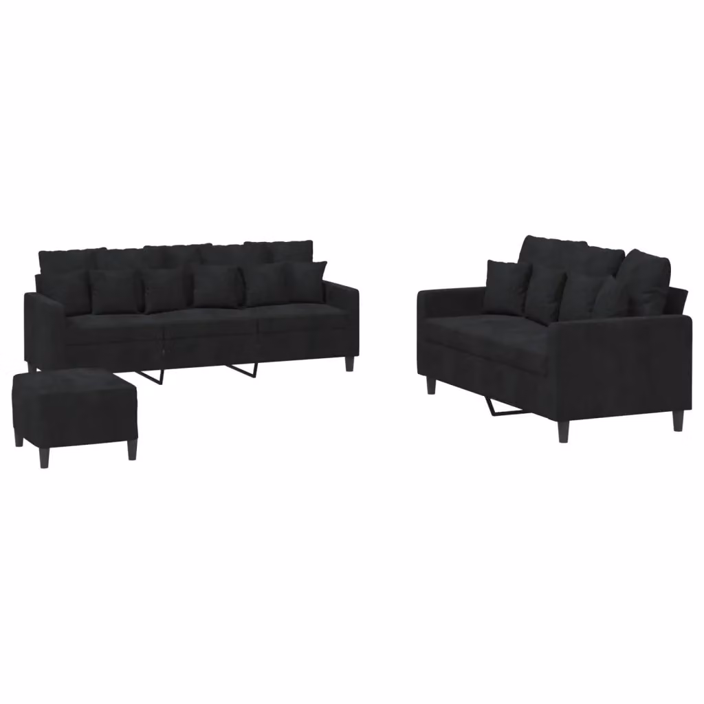 Set di divani vidaXL 3 pezzi in velluto nero con pouf e cuscini per soggiorno moderno – 2