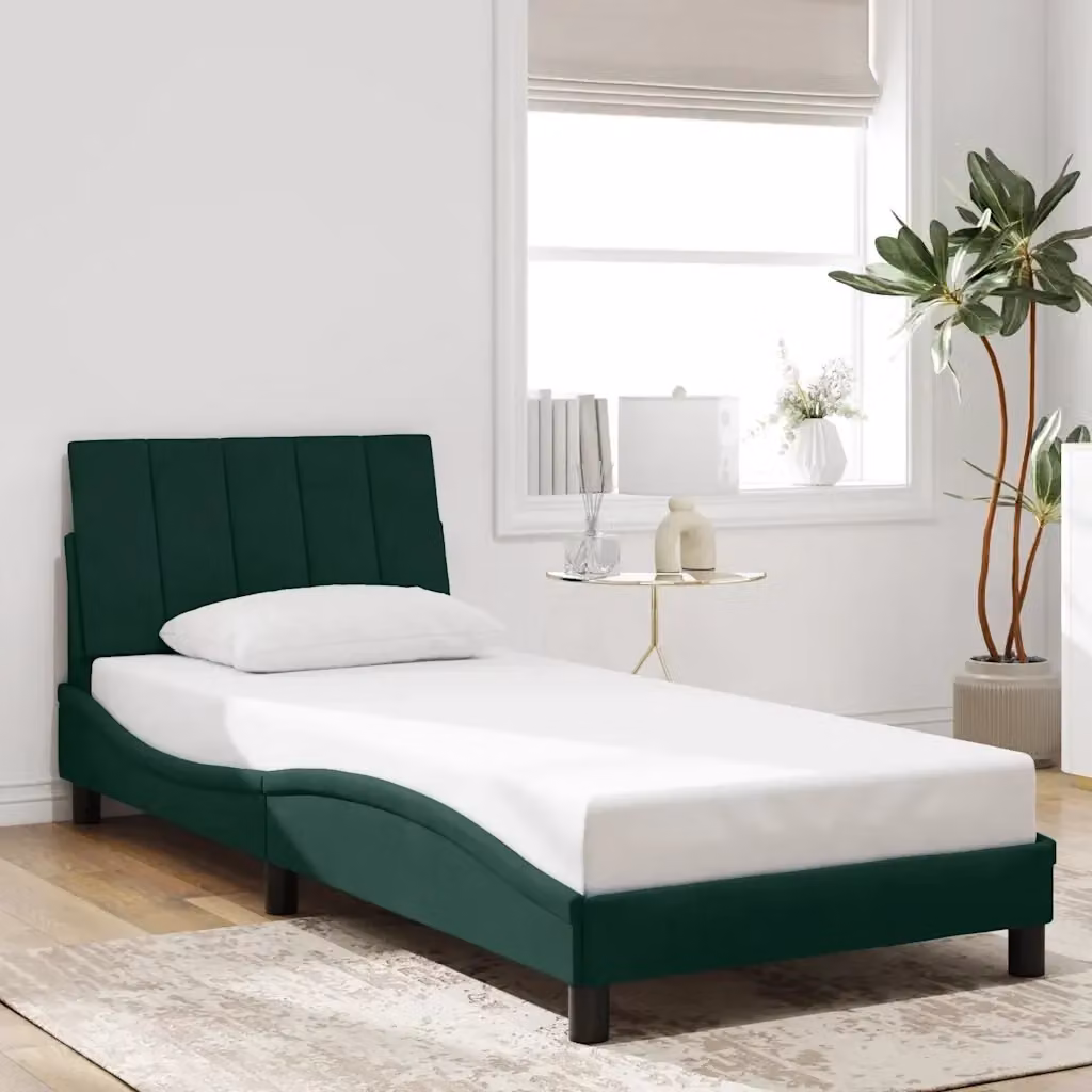 Letto singolo Hanko in velluto verde scuro con struttura in legno e metallo, L/P/H: 90 x 200 cm – 2