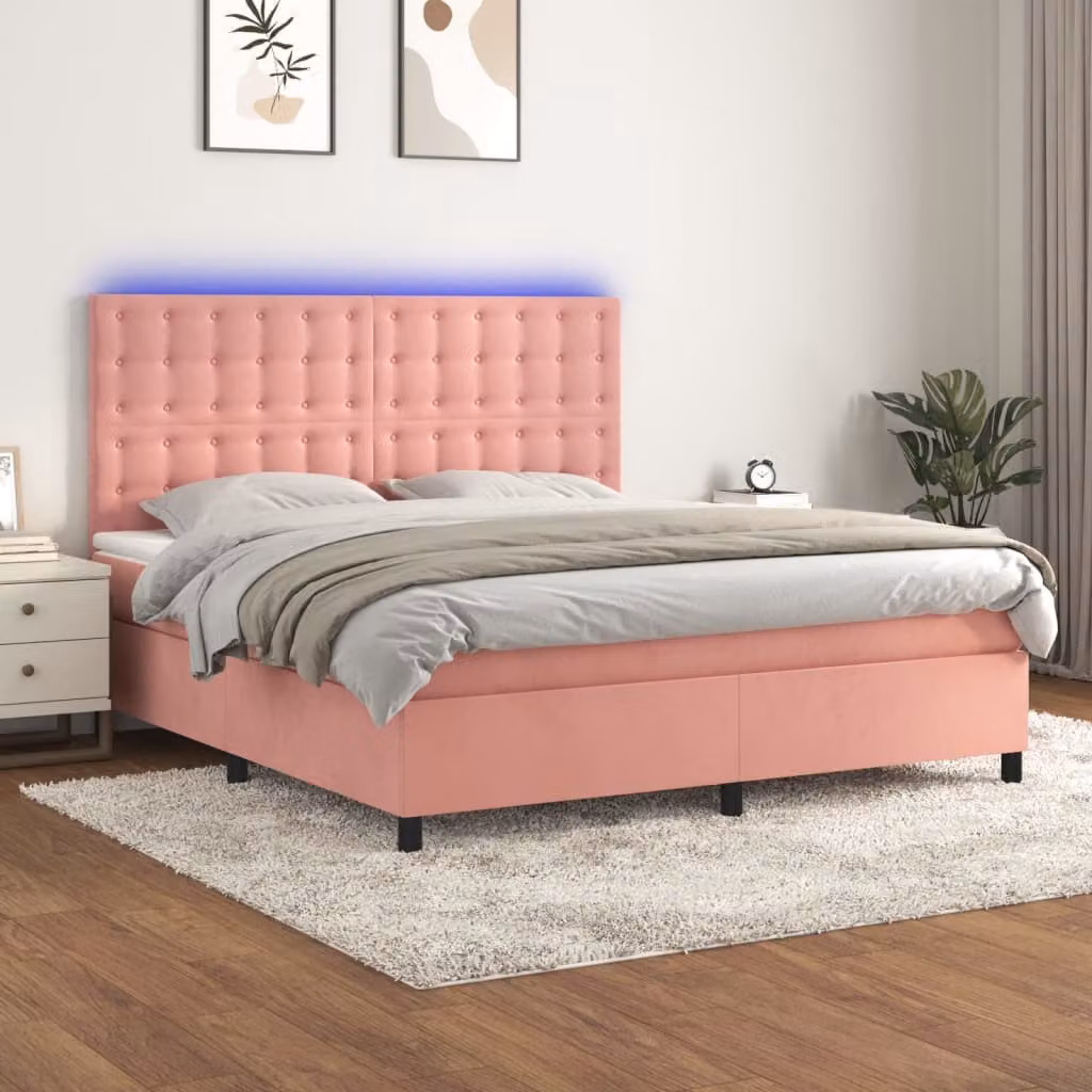 Letto a molle con materasso ibrido vidaXL in velluto rosa con illuminazione LED e porta USB, L/P/H: 180 x 200 x 128 cm – 1