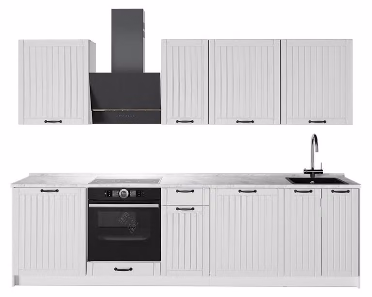 Cucina componibile Vicco Fame-Line Bianco rustico/Bianco 280 cm, PL Marmo, Model 64246