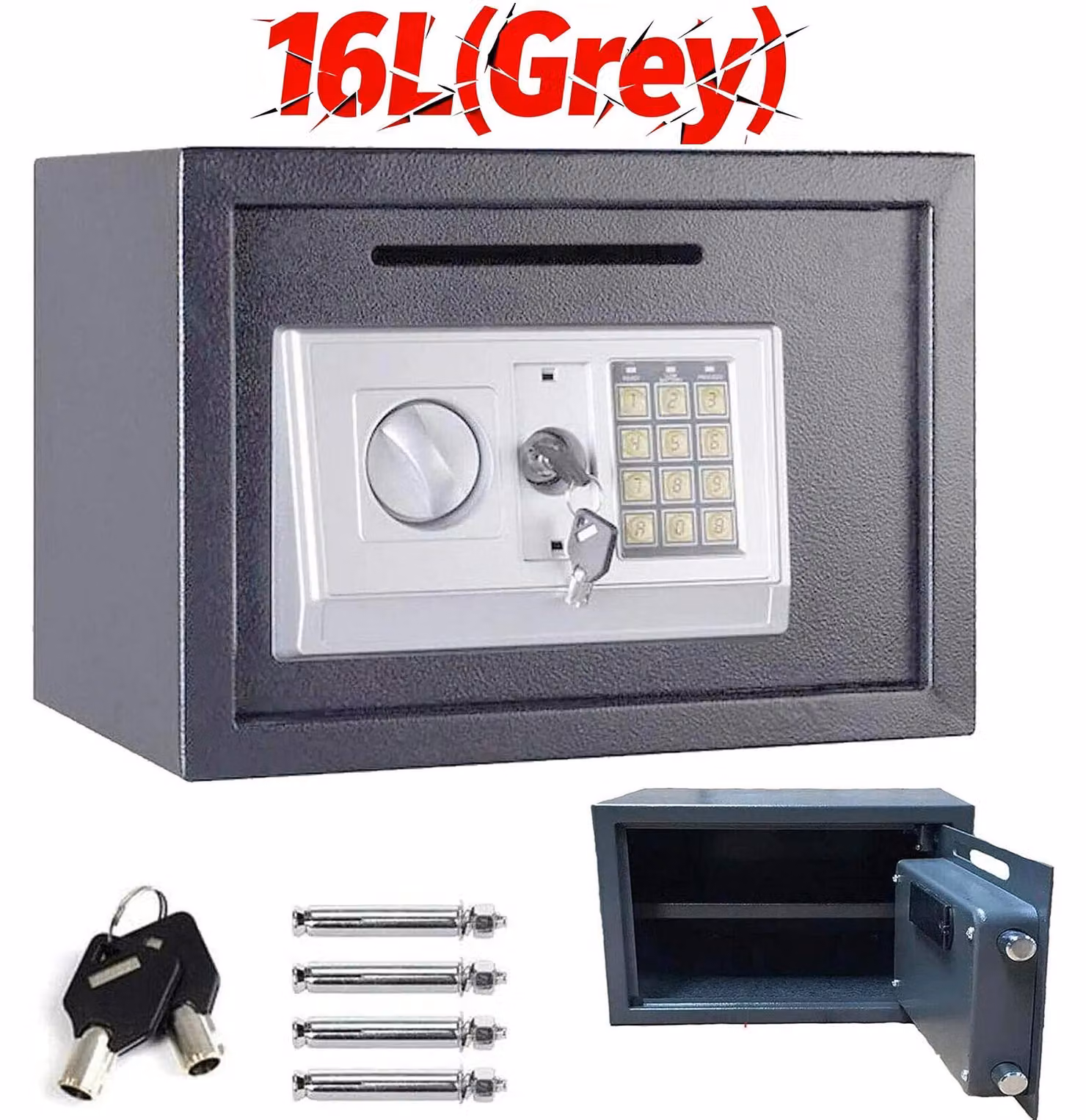 Cassaforte elettronica - Scatola di sicurezza - 16 litri - Serratura digitale a combinazione - Acciaio massiccio - Adatta per la casa e l'ufficio - Grigia