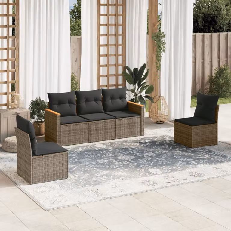 vidaXL Set Divano da Giardino a L Moderno in Polyrattan e Legno di Acacia con Cuscini Grigio