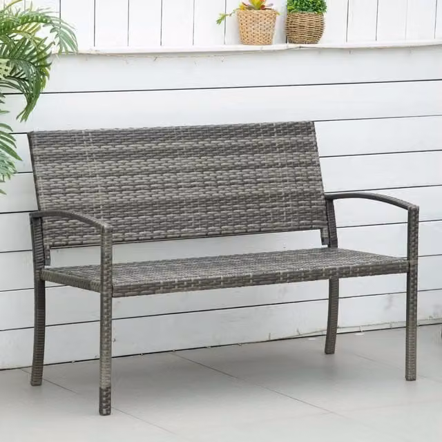 Panchina da giardino moderna WISHDOR a 2 posti in polyrattan grigio con struttura in metallo e braccioli – 1