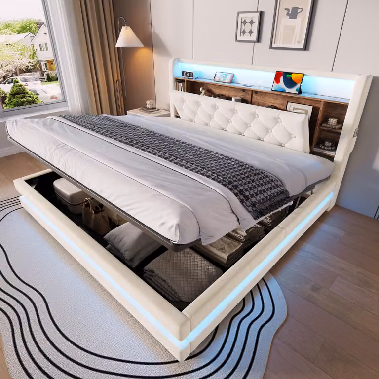 Letto matrimoniale MODFU 180 x 200 con contenitore, letto per ragazzi con LED e testiera imbottita, letto imbottito idraulico con rivestimento in velluto, struttura del letto senza materasso, colore grigio scuro