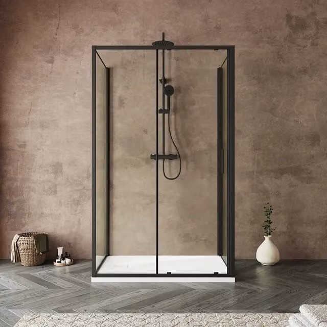 Box doccia tre lati 80x130x80cm con porta scorrevole profili nero opaco e vetro 6mm trasparente h190 | Portofino