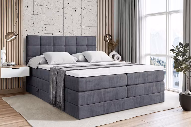 Letto boxspring ALTDECOR con materasso e rete a doghe - APO KING - 140x200 cm - Velluto grigio scuro - Topper, letto imbottito con contenitore, letto con vano portaoggetti H3 e H4 - Materasso, letto matrimoniale, letto boxspring