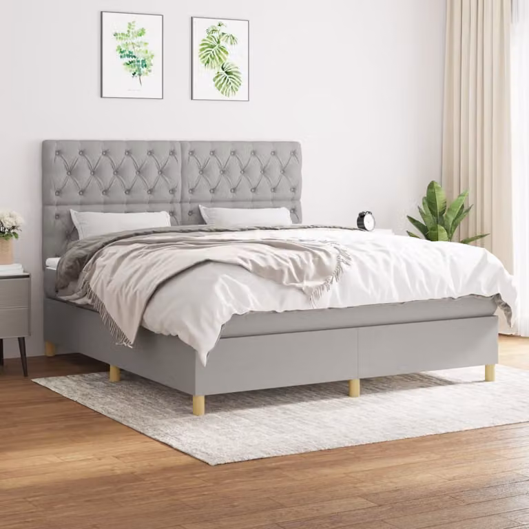 The Living Store Letto a molle con materasso grigio chiaro 160x200 cm in tessuto