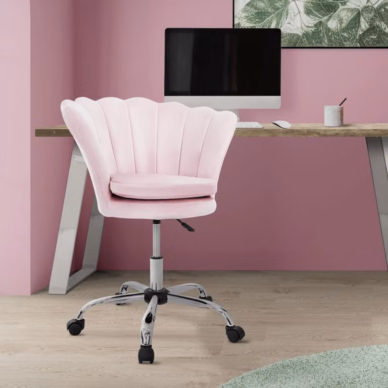 ML-Design sedia da ufficio in velluto rosa chiaro sedia da trucco con schienale a conchiglia, sedia girevole con rotelle, sedia da scrivania regolabile in altezza sgabello girevole