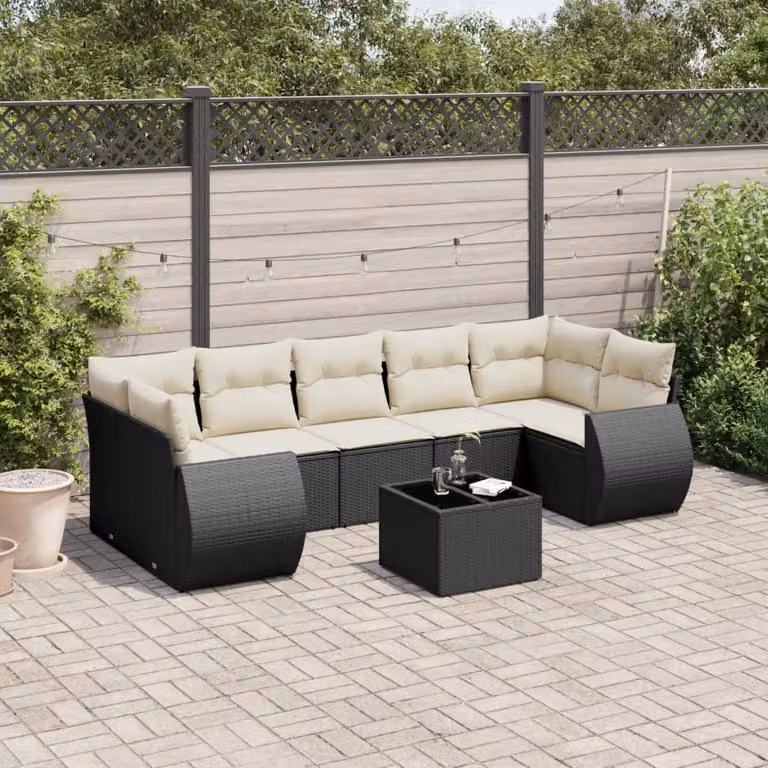 vidaXL Set Divani da Giardino a L in Polyrattan Nero con 8 Cuscini e Tavolino da Esterno