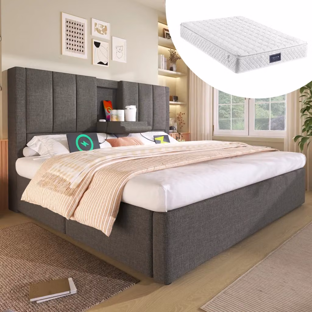 Letto matrimoniale MODFU imbottito in lino grigio con contenitore, materasso e prese USB L/P: 160 x 200 cm – 2