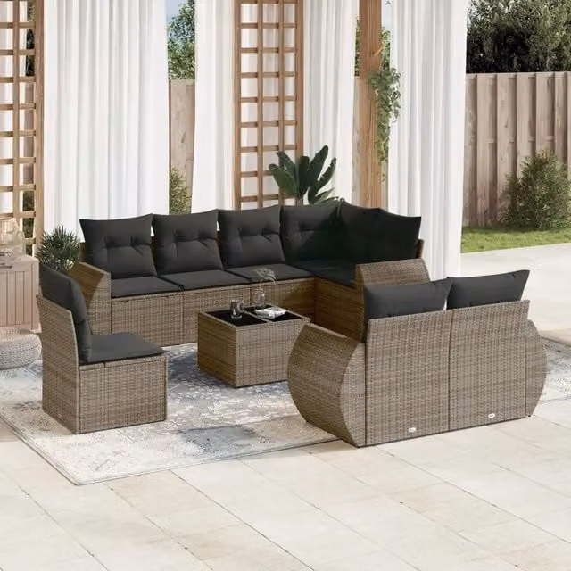 Set Divano da Giardino 9 pz con Cuscini Grigio in Polyrattan 3253987