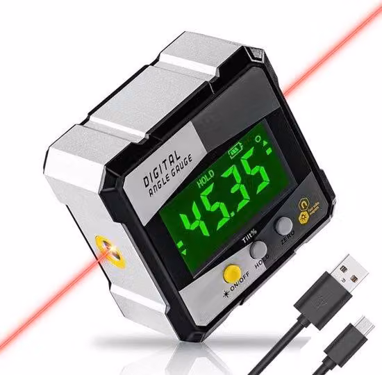 Misuratore digitale ad angolo - Misuratore laser a distanza - Schermo LCD - con custodia per falegnami, costruttori e lavori edili - con caricabatterie USB - conforme agli standard di misurazione - per lavori di costruzione e lavorazione dei metalli