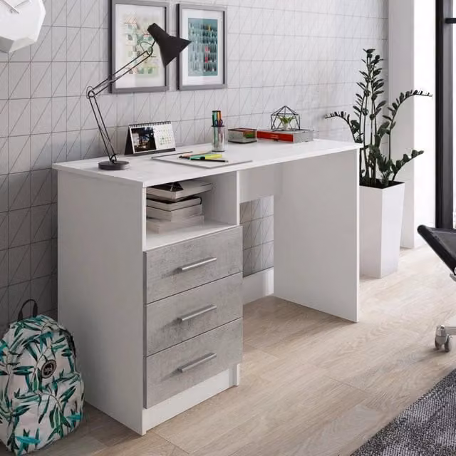 Scrivania DMORA moderna per ufficio e computer, colore bianco, L: 120 cm, P: 48 cm, H: 75 cm