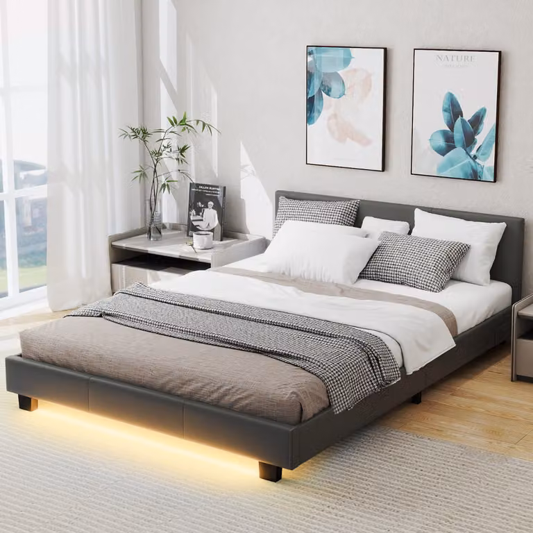 Costway Letto matrimoniale moderno con struttura imbottita in tessuto e illuminazione sottostante, Grigio