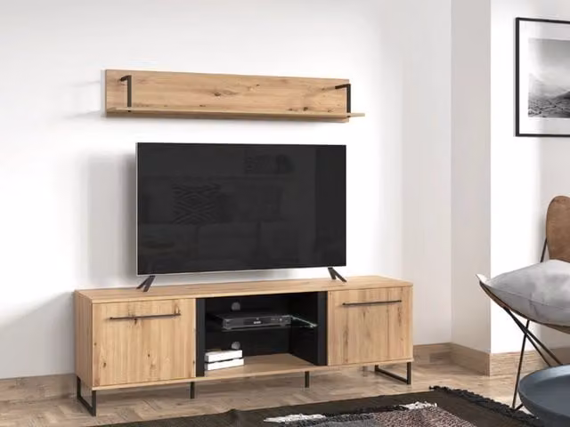 DMORA Mobile Porta TV Sutrio con 2 Ripiani in Rovere Marrone e Nero, L: 171 cm, P: 42 cm, H: 54 cm – 1