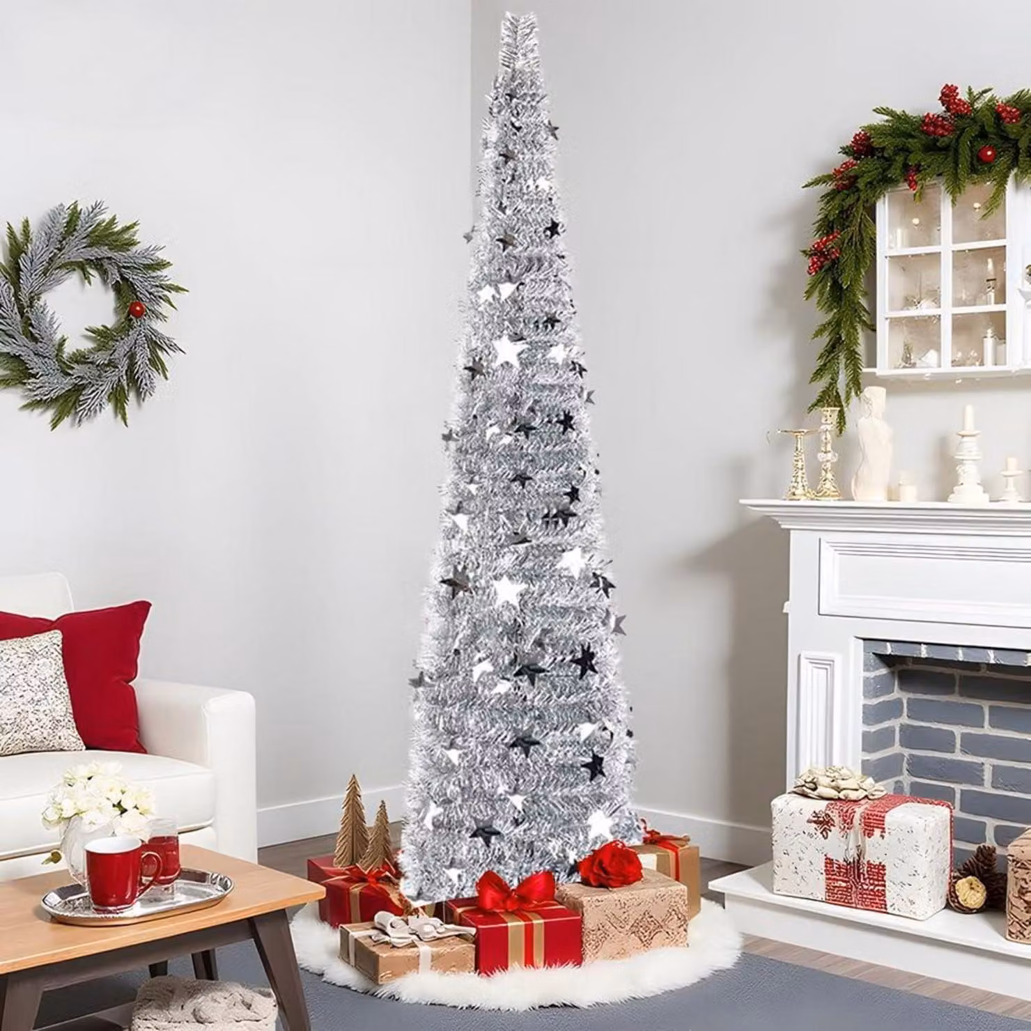 Albero di Natale artificiale, altezza 180 cm, color argento, pieghevole