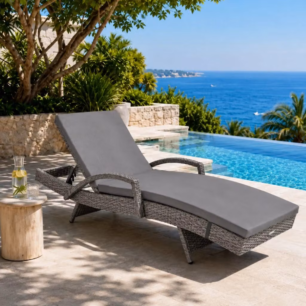 Lettino prendisole Outsunny in polyrattan grigio con schienale regolabile e cuscino imbottito L: 190 cm, P: 62 cm, H: 34 cm – 2