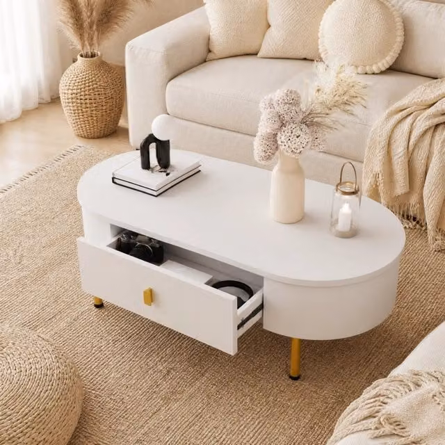 Tavolino basso moderno MIVRAY con 2 cassetti, bordi arrotondati e gambe cilindriche, bianco e oro, L: 108 cm, P: 50 cm, H: 40 cm