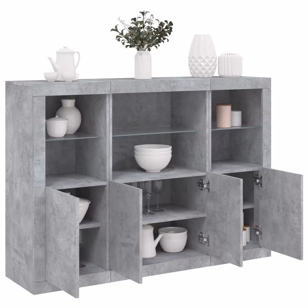 Set di 3 credenze moderne vidaXL con luci LED integrate in legno multistrato, colore grigio cemento opaco