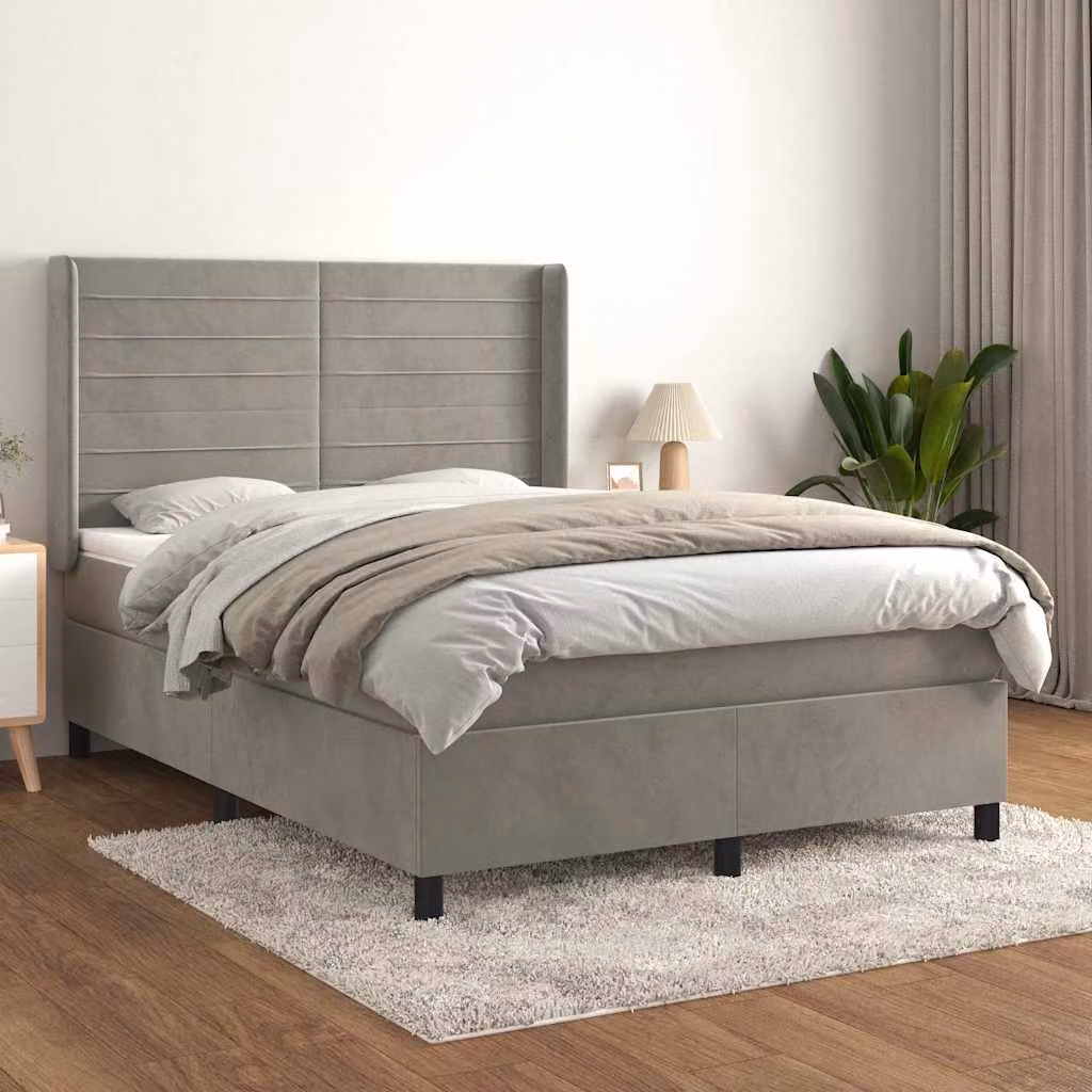 vidaXL Giroletto a Molle con Materasso Ibrido in Velluto Grigio Chiaro L/P/H: 147 x 140 x 203 cm – 1
