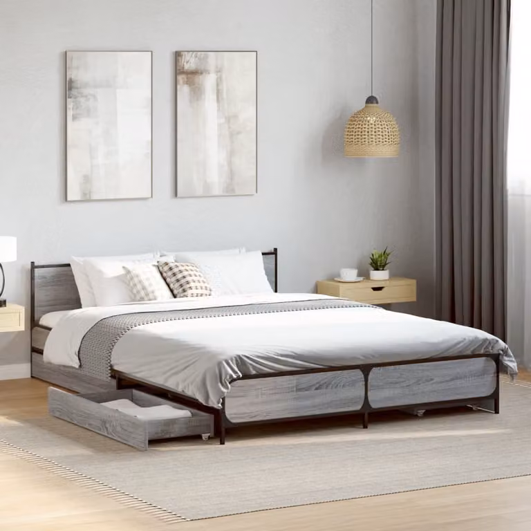 Letto con giroletto e cassetti vidaXL in legno multistrato e metallo, Grigio Sonoma, L: 138 cm x P: 193 cm