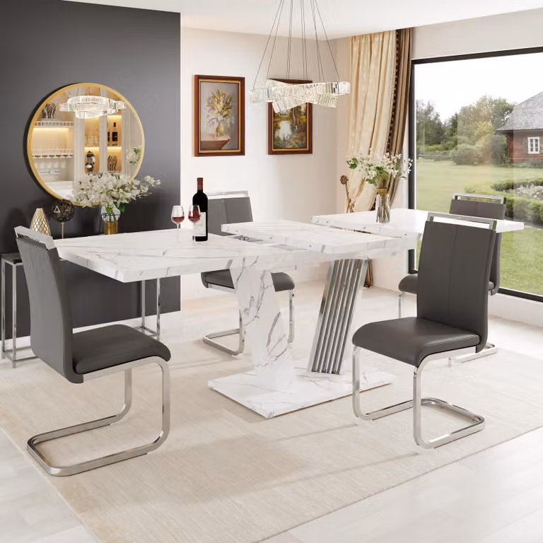 okwish Tavolo da pranzo e tavolo da cucina con gambe regolabili in altezza, tavolo allungabile con piano scorrevole in marmo, bianco