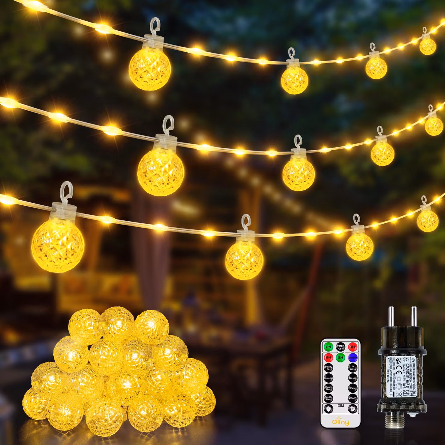 Catena luminosa a LED, 10 metri, 60 LED bianco caldo, con telecomando, timer e resistente all'acqua