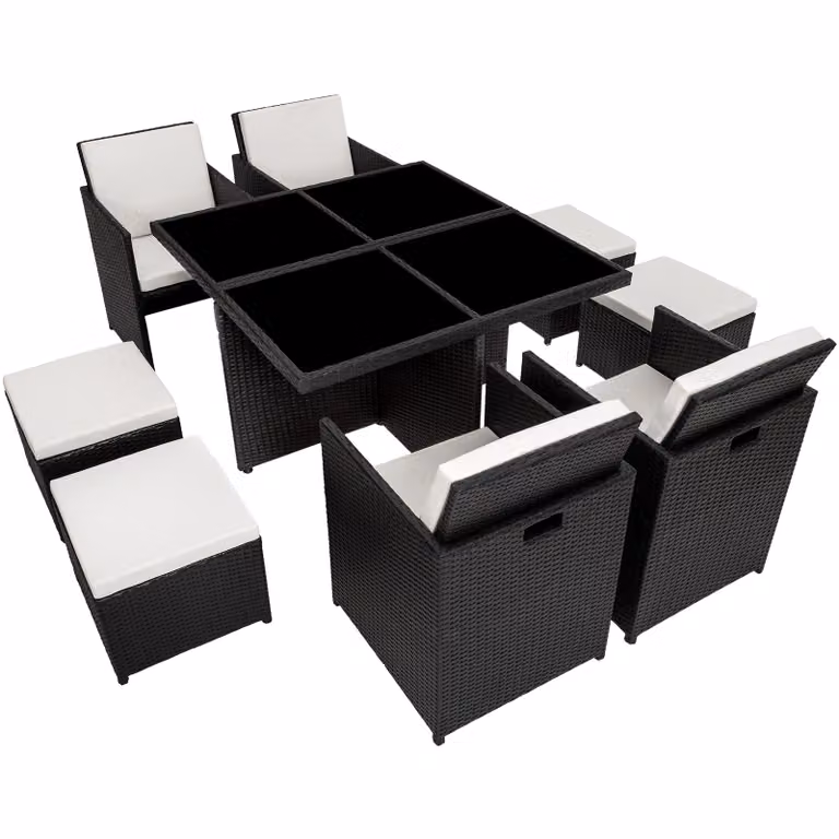 Set da giardino moderno TecTake in polyrattan e metallo con piano in vetro, disponibile in nero, beige o grigio