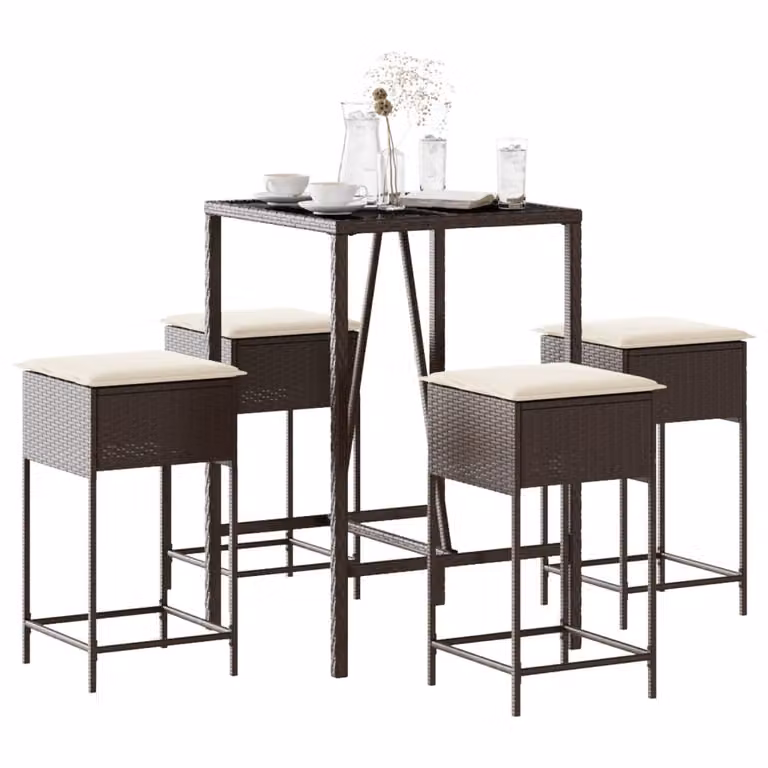 Set Bar da Giardino vidaXL in Polyrattan Marrone con 5 Pezzi e Cuscini
