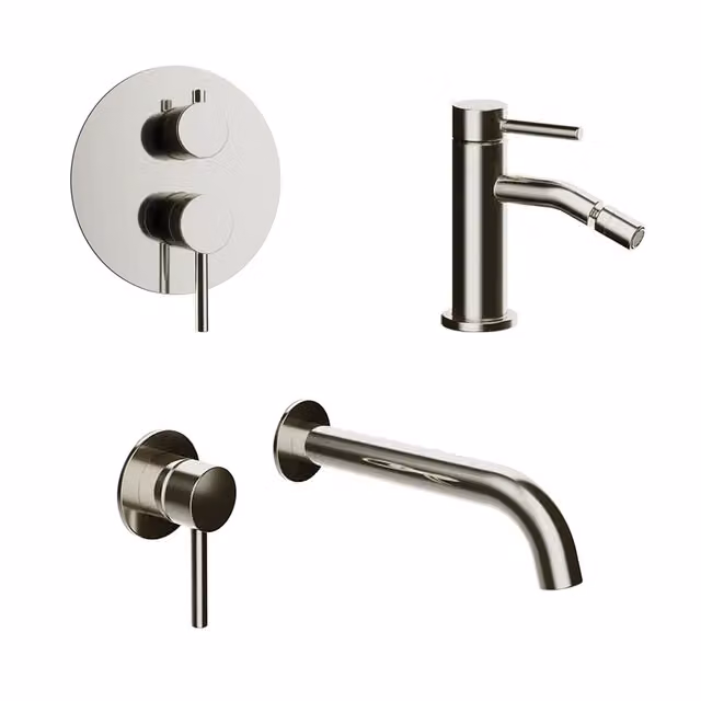 Set miscelatori: lavabo ad incasso bidet senza scarico e incasso doccia c/deviatore nickel spazzolato | Bette