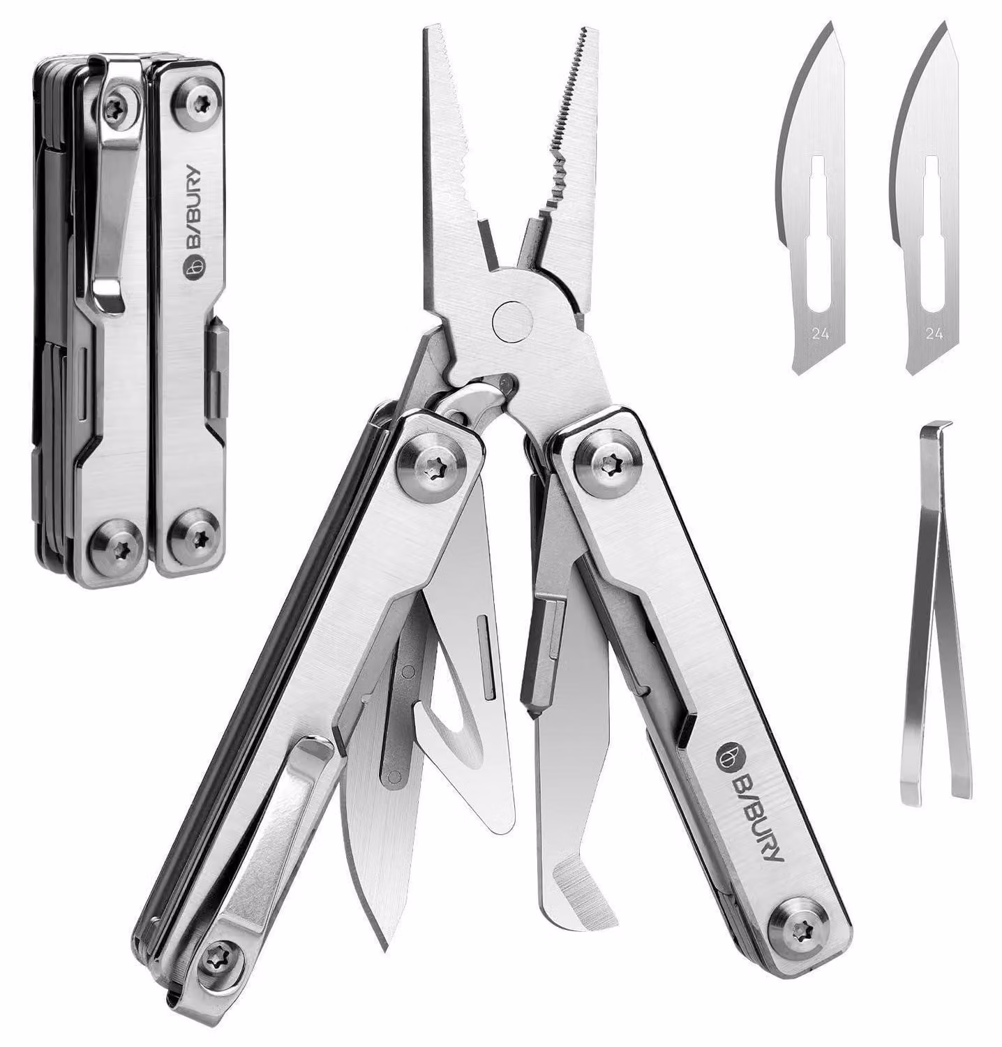 Mini attrezzo multifunzione a pinza, 10 in 1, in acciaio inossidabile, con rompi vetro e pinzette