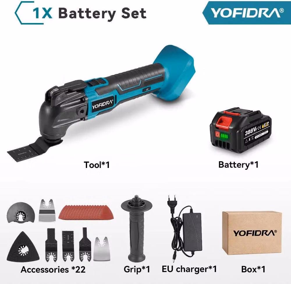 Multitool oscillante - Utensile multifunzione a batteria - 1 batteria 388VF - 600 W max 18-20 V - 6000-20000 OPM - Set da 22 pezzi - Argento