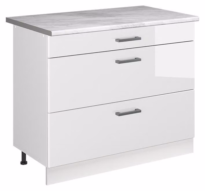 Mobiletto base per cucina Vicco R-Line Bianco lucido/Bianco 100 cm piano di lavoro Marmo, Model 71542