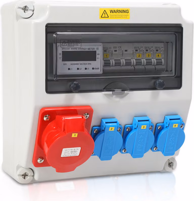 Quadro di distribuzione a parete Jopassy con contatore elettrico trifase e MCB, quadro di distribuzione dell'energia elettrica a 5 poli con 3x prese Schuko e prese CEE 32A Quadro di distribuzione dell'energia elettrica per uso interno ed esterno