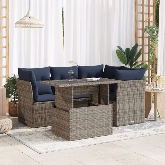 Set Divano da Giardino a L con Polyrattan e Cuscini vidaXL, Grigio e Blu