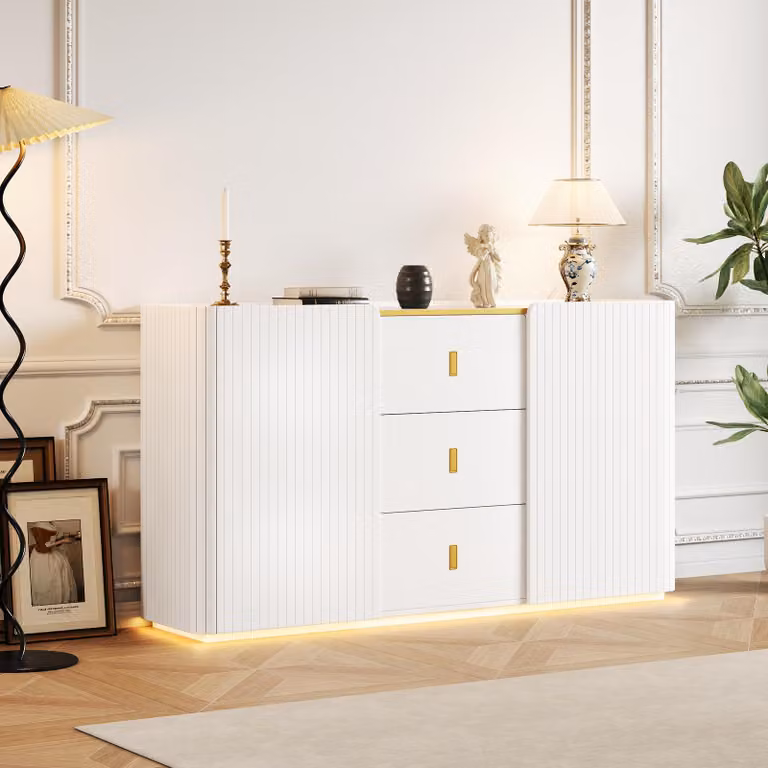 Comodino okwish con illuminazione a LED, 2 ante e 3 cassetti, mobile contenitore per soggiorno o sala da pranzo, bianco