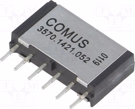 1 relè: Contatto Reed, potenza massima 10W, 200VDC, 500mA. Bobina: 5VDC. Montaggio su pannello. Codice prodotto: 3570.1421.052. Elettromagnetico