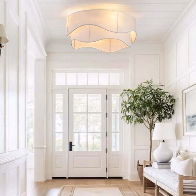 Ventilatore da soffitto con luce LED e telecomando, controllo via app Bluetooth, design moderno in tessuto e plastica, oro e bianco