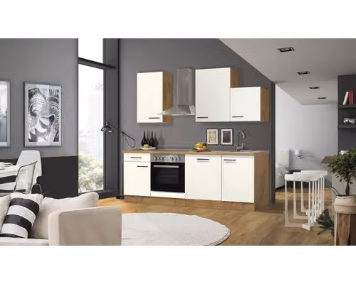 Mobile cucina con elettrodomestici Flex Well Vintea 220 cm colore frontale magnolia opaco colore mobile lancelot rovere