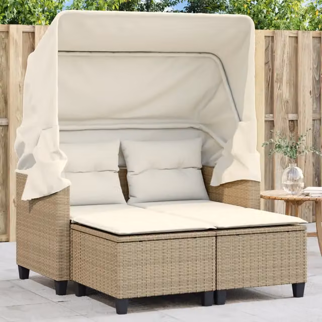 Divano Giardino 2 Posti-Sofa da Giardino-Divanetto da esterno Baldacchino e Sgabelli Beige Polyrattan 313969