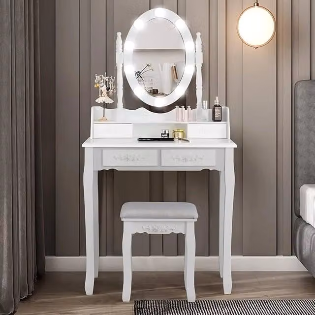 Set Toeletta da Trucco Hollywood LED Costway con 4 Cassetti, Specchio Regolabile e Sgabello Imbottito, Bianco, L 75 cm x P 40 cm x H 145 cm