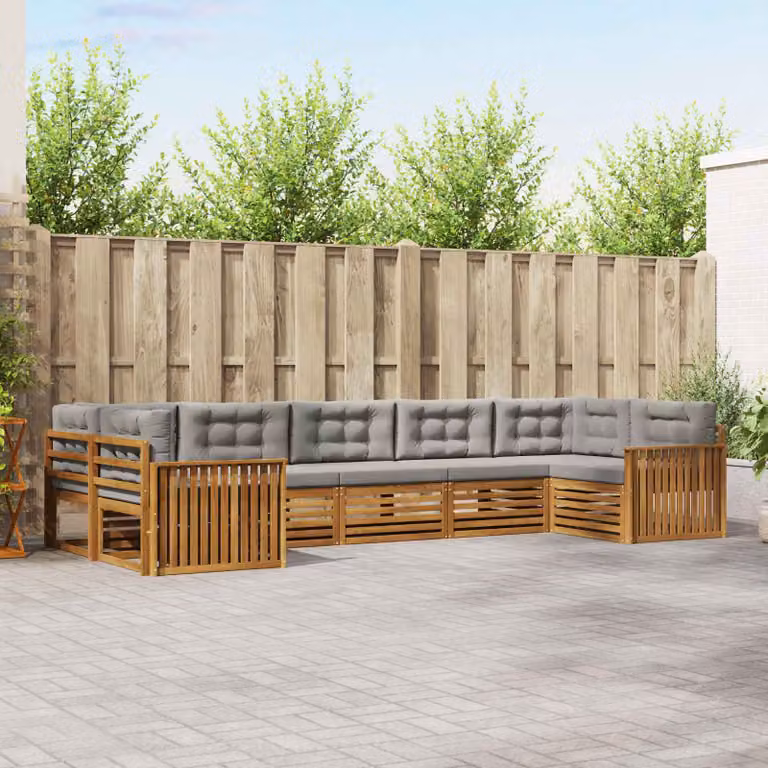 Set di divani da esterno vidaXL a forma di U composto da 7 pezzi in legno di acacia con cuscini inclusi, colore grigio e marrone