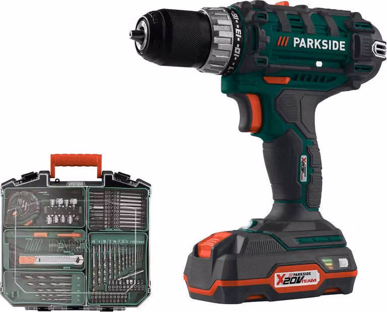 Trapano avvitatore a batteria PARKSIDE® «PABS 20-Li», con 2 batterie agli ioni di litio, set di 73 accessori