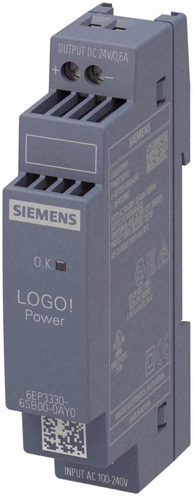 Siemens 6EP3330-6SB00-0AY0. alimentazione: Interno, Colore del prodotto: Multicolore, Paese d'origine: Austria. Peso: 100 g. Larghezza imballo: 67 mm, Profondità imballo: 36 mm, Altezza imballo: 96 mm (6EP33306SB000AY0)
