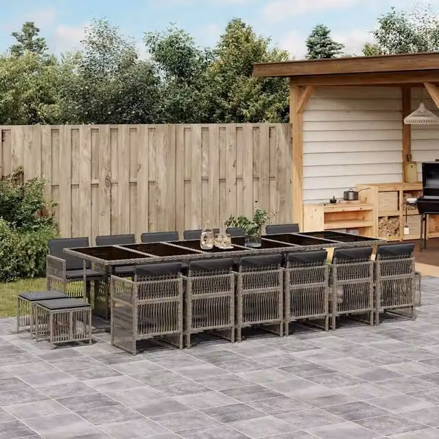 Set da pranzo da giardino vidaXL in polyrattan con cuscini grigi e piano in vetro, 17 pezzi – 1