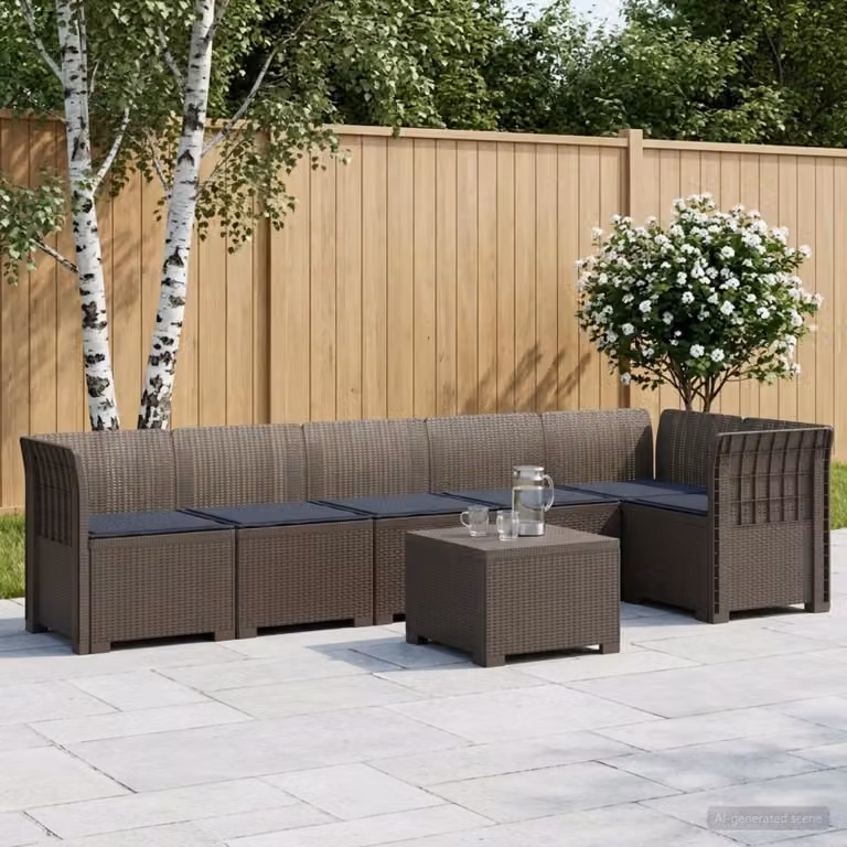 Set da giardino vidaXL a forma di L con divano da 6 posti, elementi angolari e tavolino, in rattan e tessuto resistente alle intemperie, grigio e marrone