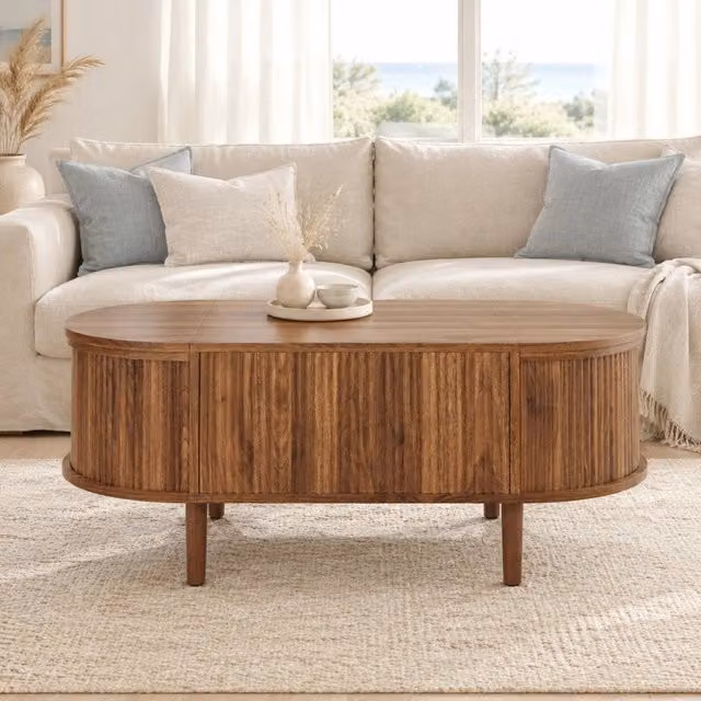 Tavolino da salotto ULEVR 100x48x53,5 cm regolabile in altezza con vani contenitore, MDF effetto noce
