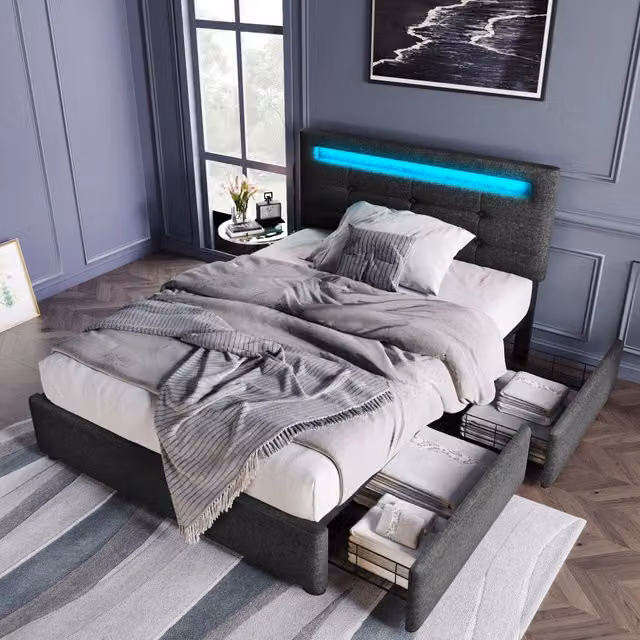 Struttura letto con LED e 2 cassetti, letto singolo imbottito 90x200 cm, testiera regolabile in altezza, doghe in legno, Grigio (Senza materasso)